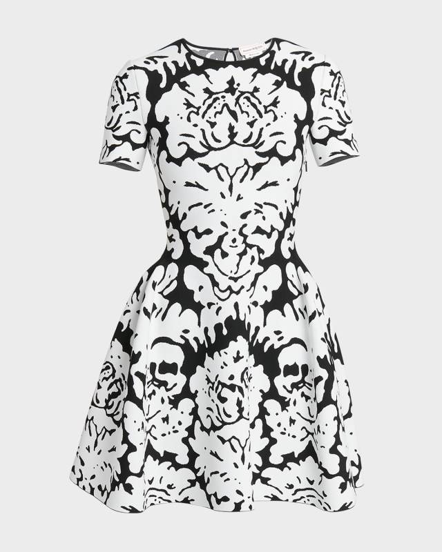 Damask Print Flare Knit Mini Dress